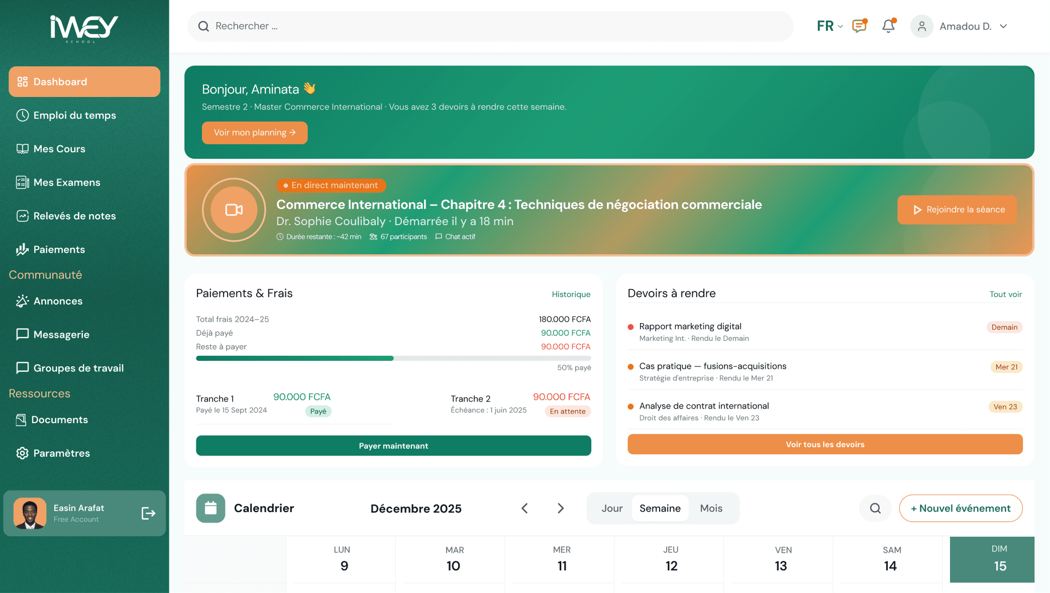 Dashboard étudiant
